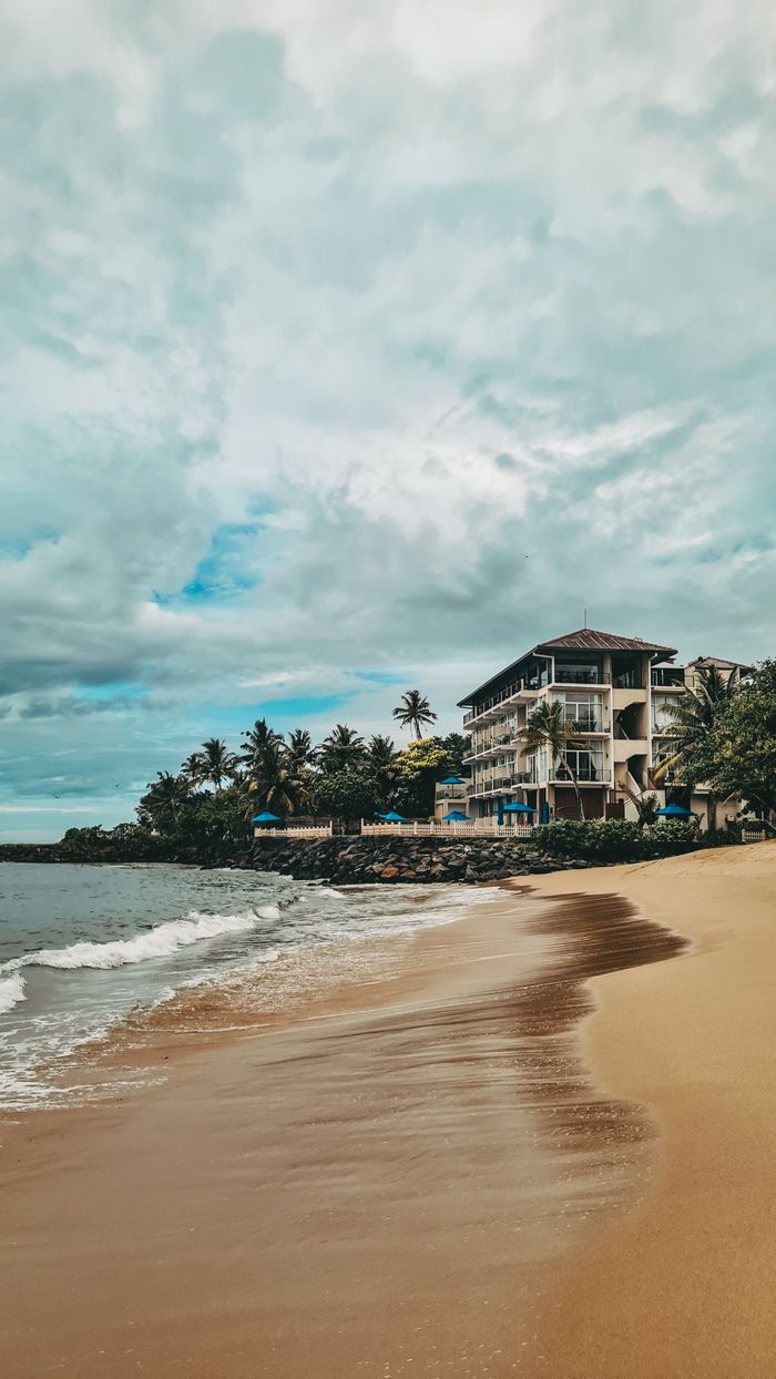 Tropical beachfront hotel with palm trees under a dramatic cloudy sky, peaceful shore.